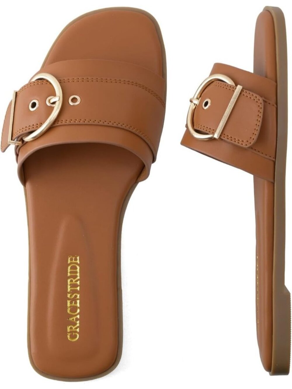 Women's Brown Summer Fashion Square Open Toe Slip On Slides Soft Flats Sandals